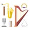 Harp icon golden stringed musical instrument classical orchestra art sound tool and saxophone acoustic symphony stringed