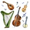 Harp, violin, contrabass and banjo, mandoline watercolor illustration isolated.
