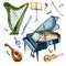 Harp, violin, grand piano and mandoline watercolor illustration isolated.