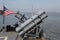 Harpoon cruise missile launchers on the deck of US Navy Ticonderoga-class cruiser