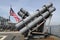 Harpoon cruise missile launchers on the deck of US Navy Ticonderoga-class cruiser