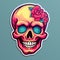 Harsh Realism Illustration Of Skull Sticker On Blue Background With Flowers And Magenta