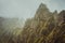 Harsh rugged mountain peaks between Xo-xo and Paul Valley overgrown with verdant grass. Santo Antao Island, Cape Verde