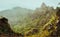 Harsh rugged mountain peaks of Xo-Xo Valley overgrown with verdant grass. Santo Antao Island, Cape Verde