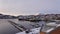 Harstad city harbour at sunrise in winter in Northern Norway