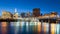 Hartford skyline and Founders Bridge at dusk