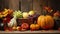 Harvest background or cornucopia thanksgiving background with autumnal fruits with copy space.