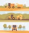 Harvest farm banner set - agricultural machinery on wheat field