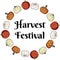 Harvest festival decorative wreath banner with cute colorful pumpkins. Fall harvest greetings postcard