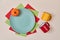 Harvest festival. Dinner decor. Happy thanksgiving day. Cups, colourful napkins and plate with pumpkin, copy space
