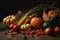 Harvest festival, pumpkin, corn, onion, tomatoes, zucchini harvesting, Thanksgiving Day background, AI Generated