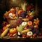Harvest of Gratitude: AI-Generated Painting of Thanksgiving Basket Overflowing with Fresh Fruits and Vegetables