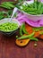 Harvest green peas, food background, colorful green beans