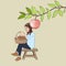 Harvest Happiness: Woman on Bench with Apple Basket and Dewy Fruit