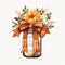 Harvest Hues: Autumn Florals in Mason Jar with Plaid Bow - Isolated on White Background - Generative AI