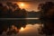 harvest moon reflecting on a calm lake, surrounded by trees