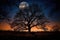 a harvest moon rising behind a silhouetted tree, with the night sky in the background