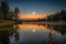 a harvest moon rising over a serene lake