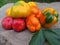 Harvest peppers on linen cloth