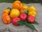 Harvest peppers on linen cloth