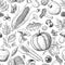 Harvest products seamless pattern. Hand drawn vintage vector background with pumpkin, apple, corn, wheat, muchroom.