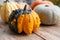 harvest of pumpkins on wooden table, collection of pumpkins emphasizes importance of proper nutrition, Halloween preparation with