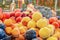 Harvest of ripe peaches is on the counter of the farmers ` market. harvest is for sale