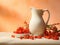 Harvest\'s Bounty: Vintage Milk Jug Brimming with Orange and Red Berries on a Soft Peach Canvas