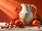 Harvest\'s Bounty: Vintage Milk Jug Brimming with Orange and Red Berries on a Soft Peach Canvas