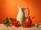 Harvest\'s Bounty: Vintage Milk Jug Brimming with Orange and Red Berries on a Soft Peach Canvas