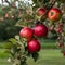 Harvest season branch adorned with ripe red apples in orchard