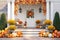 Harvest Season Welcome: Festive Home Entrance with Pumpkins and Mums. Front porch with Thanksgiving decor
