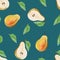Harvest sweet pears with leaves fruit gouache illustration freehand drawn seamless pattern dark turquoise. Food pattern, painted