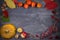 Harvest or Thanksgiving background. Thanksgiving Day food concept. Autumn fruits, vegetables, leaves and flowers.