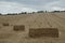 Harvest time with golden haybales, heystack on field