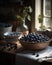 The harvested blueberries are placed in a bowl in the kitchen.