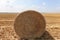 Harvested field with several rolled hay bales in Summer