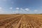 Harvested field with several rolled hay bales in Summer