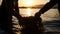 Harvested seaweed being rinsed in the ocean water by farmers, with the sun setting on the horizon