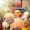 Harvested vegetables and fruits in wooden cart