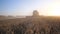 Harvester gathering crop of ripe wheat in field at sunset time. Combine riding through rural cutting yellow stalks of