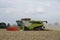 A harvester on a wheat field in summer during harvesting