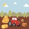 Harvesting autumn farm crops with tractor vector cartoon illustration. Agriculture and Farming. Farmers agribusiness