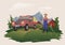 Harvesting or buying hay. Man standing next to a car, loaded with hay. Farmer with pitchfork. Vector illustration