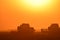 Harvesting by combines at sunset.