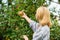 Harvesting concept. Woman hold ripe apple tree background. Farm producing organic eco friendly natural product. Girl