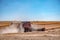 Harvesting crops in palouse washington on a sunny day