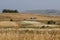 Harvesting hay tractor work on field make haystacks, Plana mountain