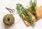 Harvesting herbs for winter top view on wooden background