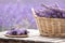 Harvesting season. Lavender bouquets and basket.